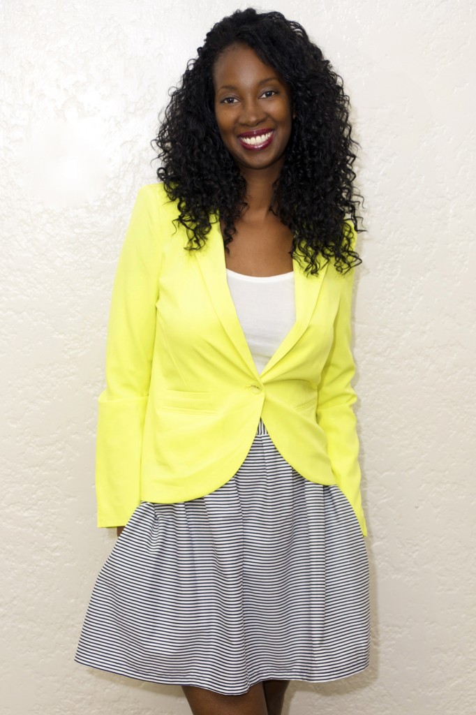 neon yellow blazer navy white stripe skater skirt