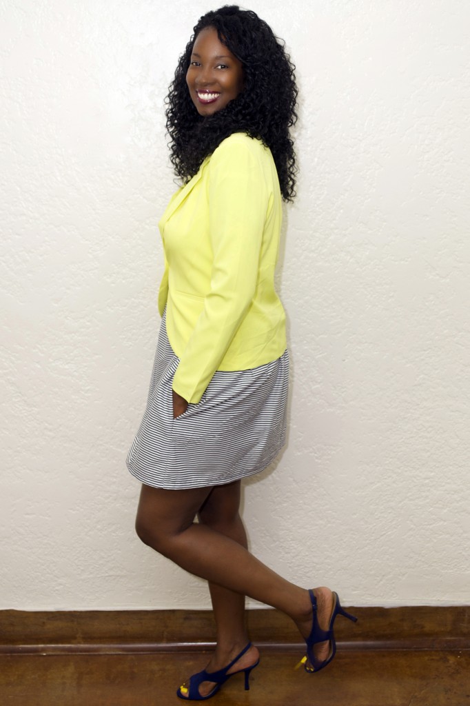 neon yellow blazer navy white stripe diy skirt